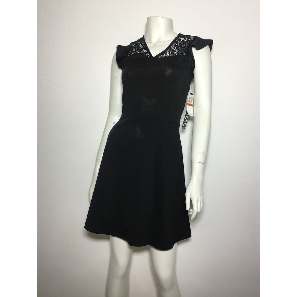 Đầm thun xòe dự tiệc công sở nữ hiệu XOXO cổ tim tay ngắn loa có ren màu đen size XS chính hãng