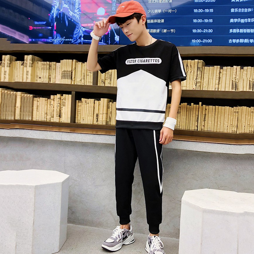 Bộ Quần Áo Thun Nam Ngắn Tay Phối Hai Màu Đen Trắng Quần Dài Phối Sọc Thời Trang Đường Phố SET NAM 90000110C2 | BigBuy360 - bigbuy360.vn