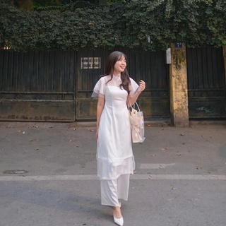 Áo dài cách điệu tiểu thư voan lụa cộc tay