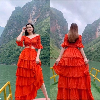 [🍁Ảnh thật] Đầm maxi cam đất nhún ngực nối tầng tùng xoè rộng du lịch