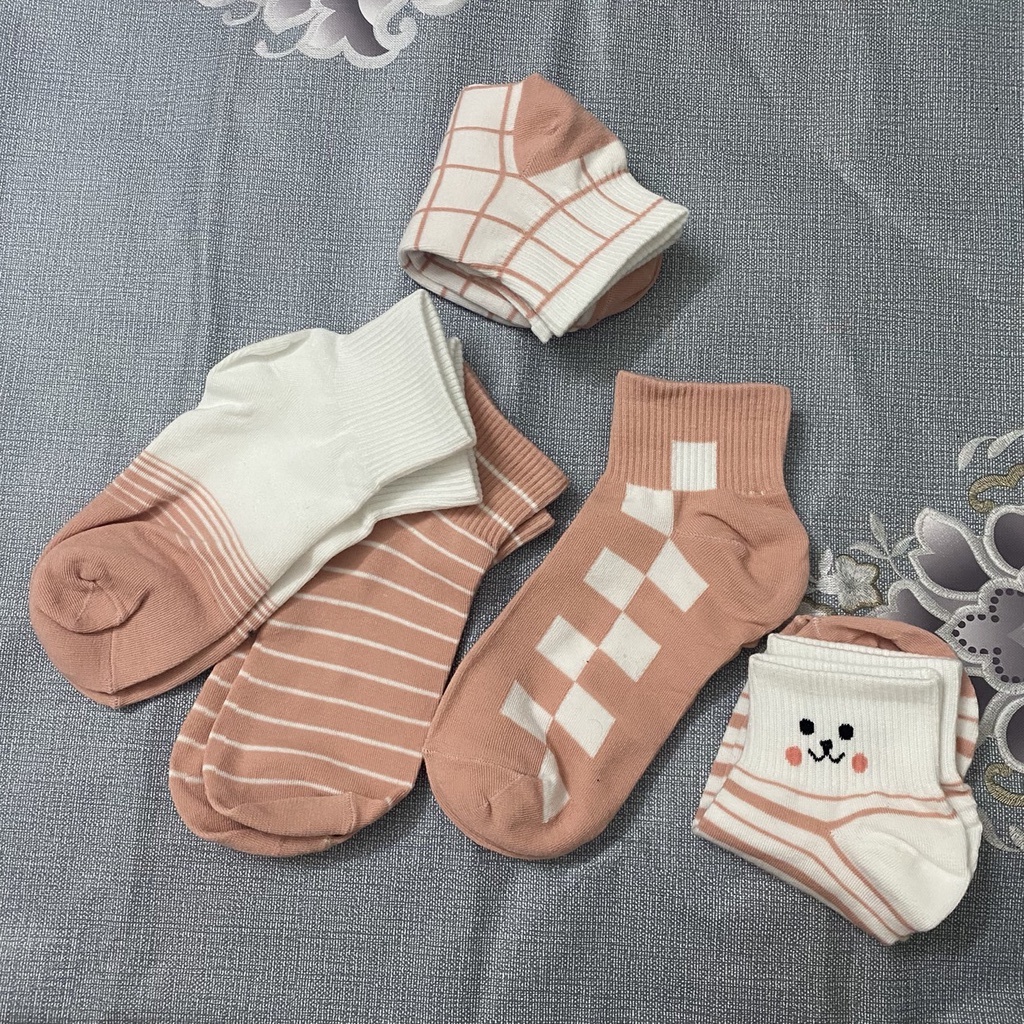 Tất nữ cổ ngắn hồng sọc ca rô dễ thương UNISEX phong cách Hàn Quốc TN07 - ROBANA Shop