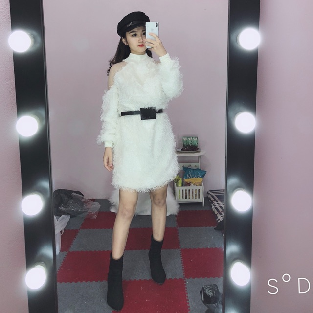 Váy len pha lông kèm đai sang chảnh