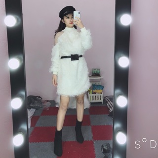 Váy len pha lông kèm đai sang chảnh
