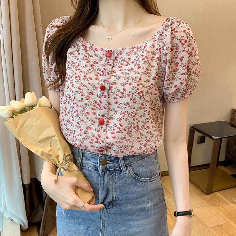Áo chiffon Ngắn Tay Họa Tiết Hoa Thời Trang Mùa Hè Phong Cách Hàn Quốc Dành Cho Nữ