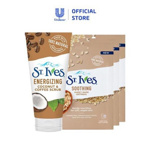 Combo Sữa rửa mặt tẩy tế bào chết St.Ives Cafe và Dừa 170g + Bộ 3 mặt nạ dưỡng da St.Ives chiết xuất Yến Mạch 23ml