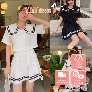 Set bộ đồ thủy thủ freesize 2 món cực xinh - Set bộ đồ côc tay mix chân váy xếp ly freeisize chất thô mát C198