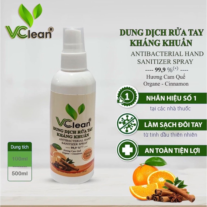 Xịt rửa tay khô Cồn 70 độ Vclean Hương Trà xanh, Hương dâu, Sả chanh, Sả