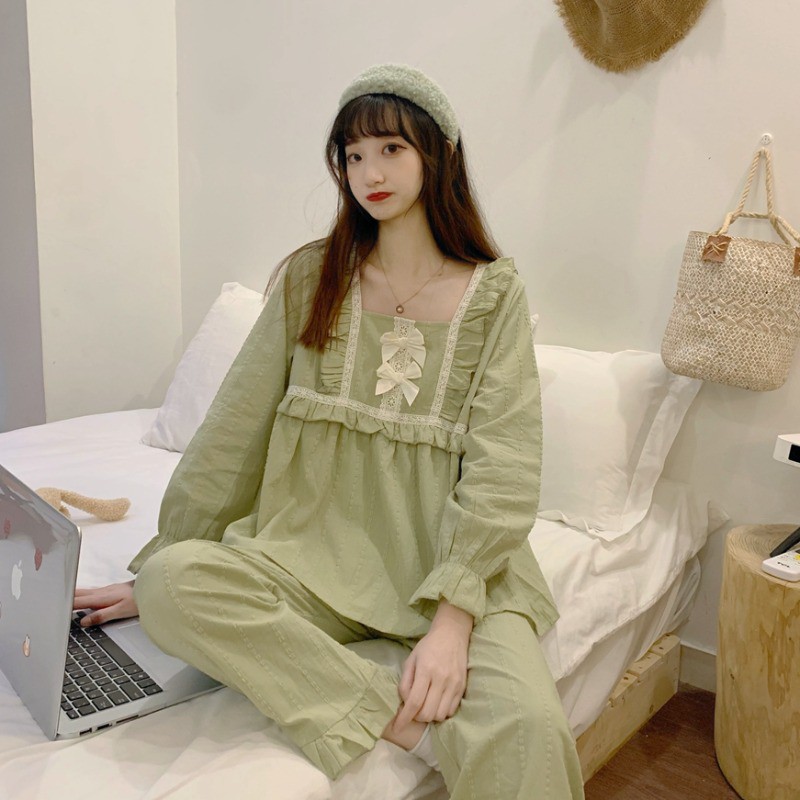 Bộ đồ ngủ/mặc nhà dài tay cổ vuông phối ren phong cách Nhật Bản