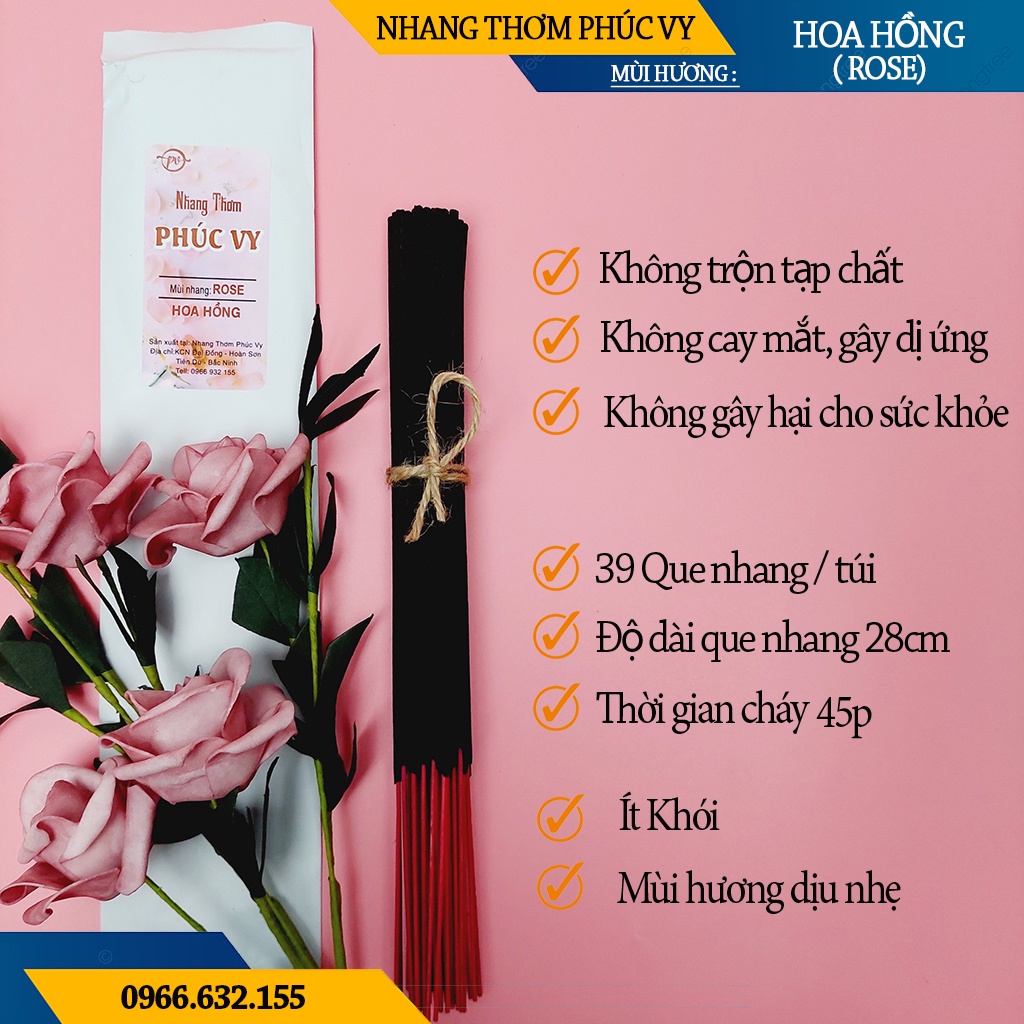 Nhang Thơm Phúc Vy Hương Hoa Hồng Rose - Túi 39 Cây 28cm, Ít Khói, Thơm Nhẹ, Dễ Chịu, Không kích mũi