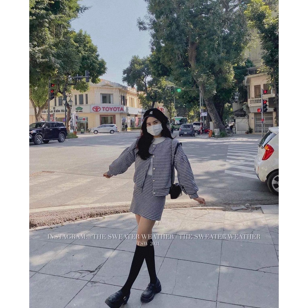 Set Áo Dạ Tweed kèm chân váy mùa đông kiểu dáng Hàn Quốc Tiểu Thư