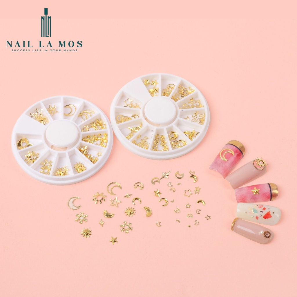 Set 17 khay phụ kiện inox vàng trang trí móng tay gồm 204 mẫu đa dạng chủ đề