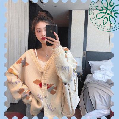 Áo Khoác Cardigan Dệt Kim Dáng Rộng Tay Dài Cổ Chữ V Xinh Xắn Phong Cách Hàn Quốc Cho Nữ