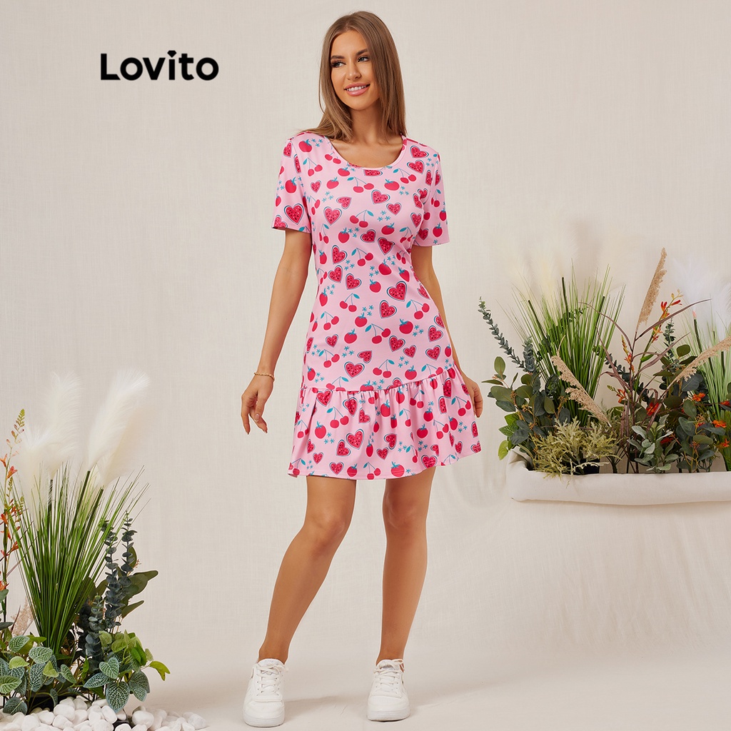 Đầm Lovito lai nhún bèo họa tiết trái cây thời trang L18E017 (hồng)