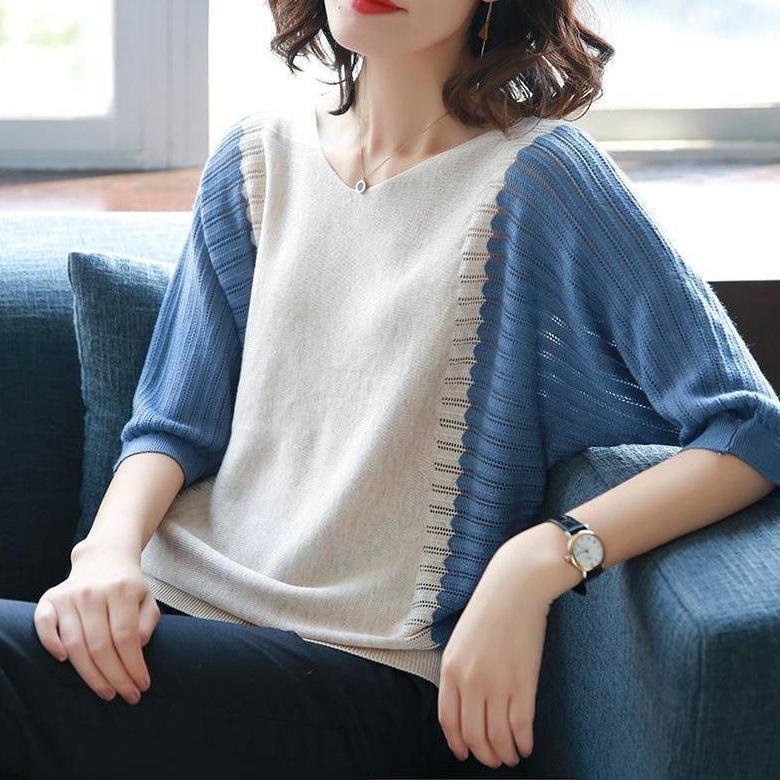 Áo thun dệt kim tay ngắn dáng rộng thời trang mùa hè cho phụ nữ trung niên