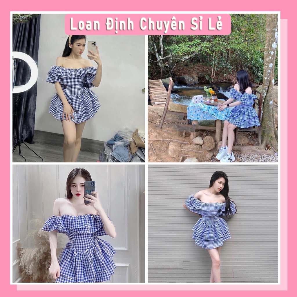 Jum kẻ xanh tôn eo bèo trễ vai xinh xắn váy xòe tầng nữ cánh tiên LD474