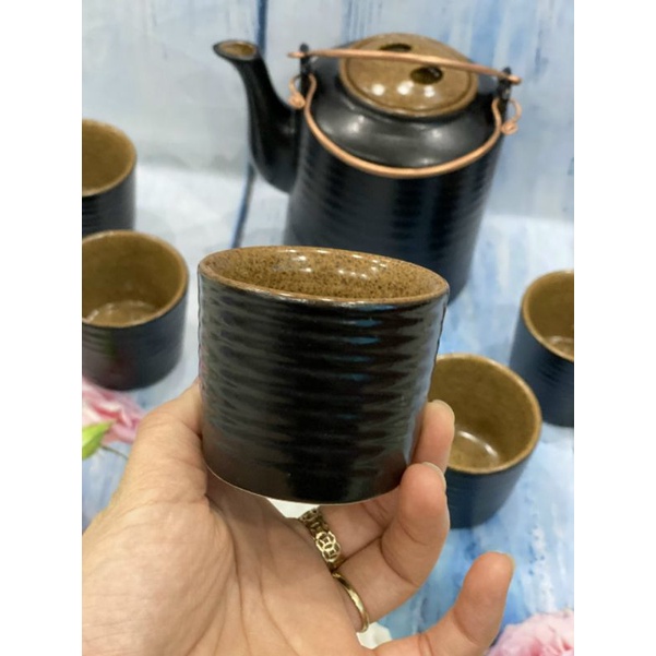 Bộ ấm tích gốm Bát tràng men nâu gốm vintage pha trà xanh loại 1 cao cấp - Dung tích 1l và 1,5l - Giá nhà sản xuất