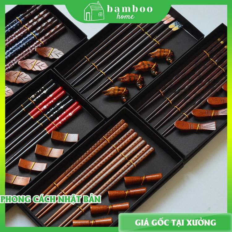 Hộp đũa quà tặng xuất Nhật (4 đôi) kèm kê đũa - Đũa gỗ phong cách Nhật - The Bamboo