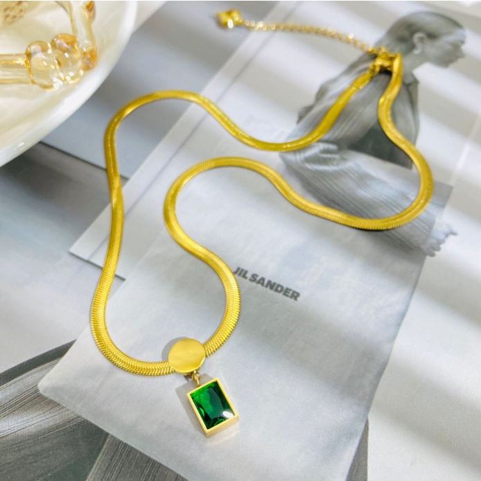 Dây Chuyền Sợi Mì Dẹt Mặt Đá Nhân Tạo Hình Vuông Xanh Lá Titan Ko Đen TT 4369