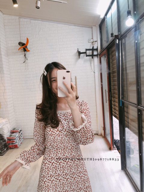 Váy hoa nhí cổ vuông dài tay- váy tiểu thư vintage (hình shop tự chụp/sẵn) | BigBuy360 - bigbuy360.vn