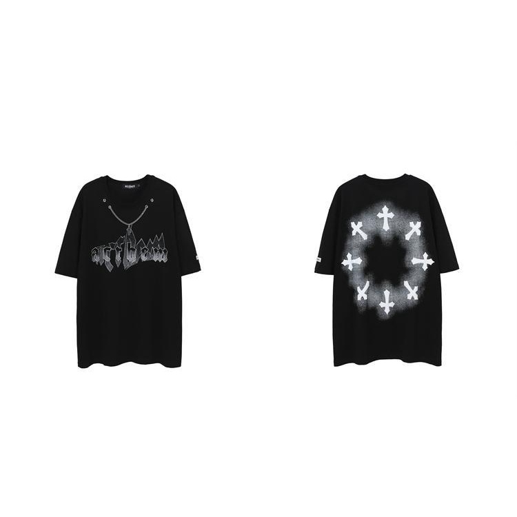 PEACEMARKET dark High Street vintage loose short-sleeved T-shirt men's and women's cross printed half-sleeved clothes eqfk