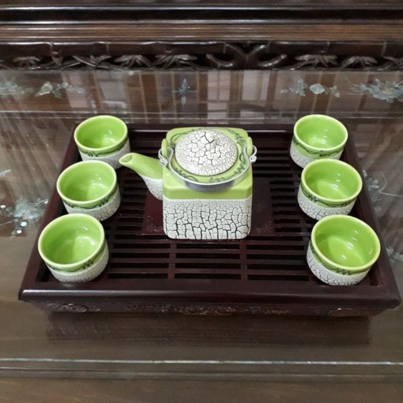 Bộ ấm chén men rạn dáng vuông kèm khay Bát Tràng