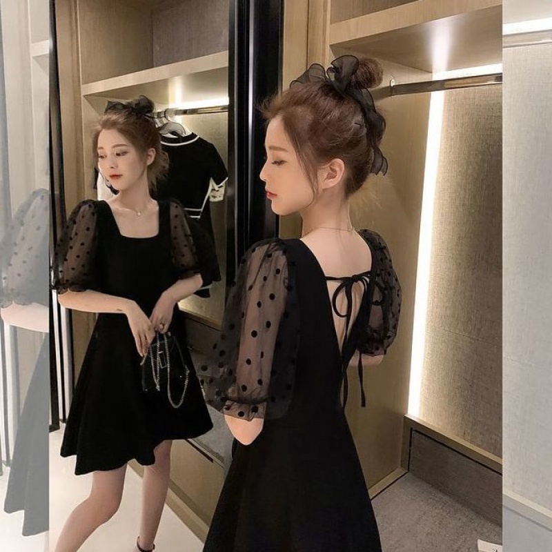 Large Size Women's Clothing Fat Sister Flab Hiding Black Dress2021Summer New Korean Style FatmmDress Slimming Lantern Sleeves