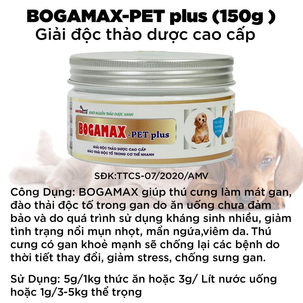 Giải độc gan mát gan chó mèo BOGAMAX PET-Plus 150g Từ AMITAVET giúp chăm sóc thú cưng khỏe mạnh giảm mụn nhọt mẩn ngứa