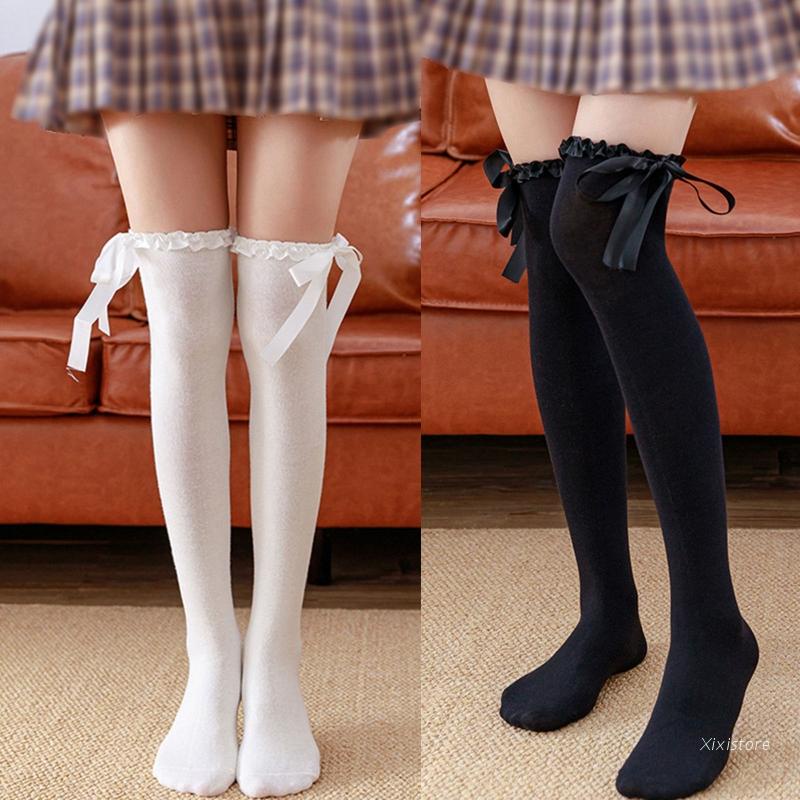 Tất cao đến đùi bằng Satin có diềm xếp nếp đính nơ ruy băng phong cách Lolita Harajuku cho nữ dùng Cosplay