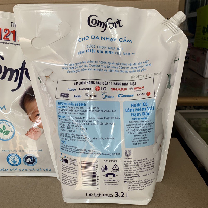 [COMBO 2] Túi Xả Vải COMFORT Cho Da Nhạy Cảm 3,2L(mầu trắng)