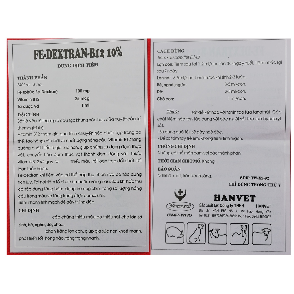 1 vỉ 10 ống Sắt 2 ml Fe-Dextran-B12 10% Dùng cho lợn con, lợn nái, trâu, bò, ngựa, dê, gia súc và chó mèo thiếu máu
