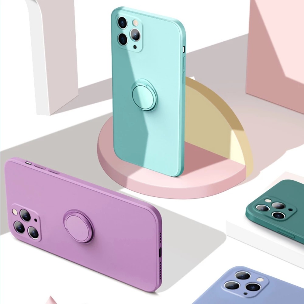 Ốp Điện Thoại Silicon Dẻo Hình Vuông Siêu Mỏng Kèm Giá Đỡ Nhẫn Từ Tính Cho iPhone 14 12 11 Pro Max