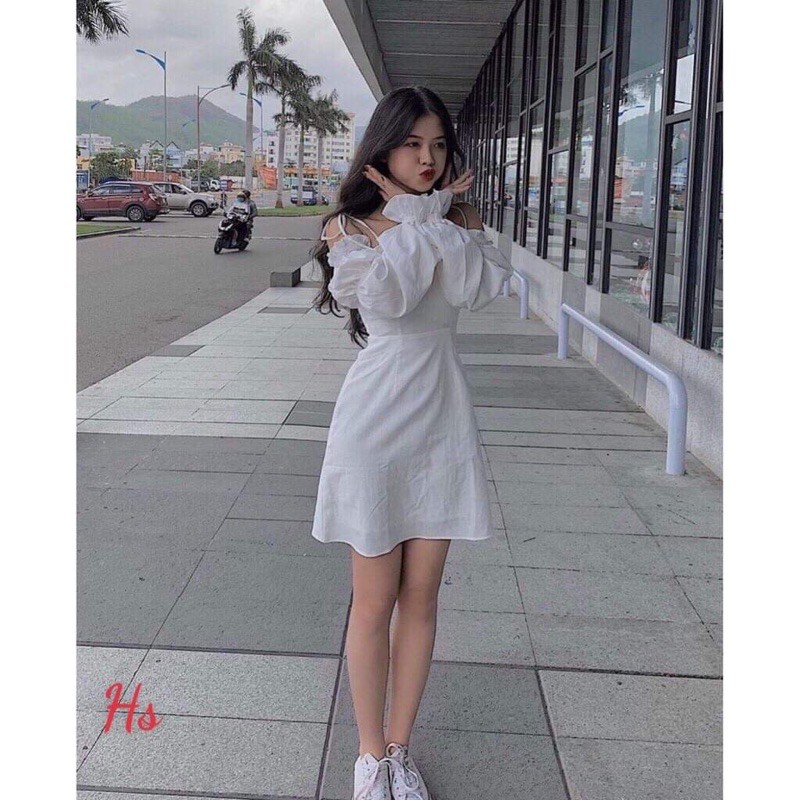 Đầm Nữ Trễ Vai Buộc Dây Tay Phồng 🦋 Váy Nữ Chất Đũi Cột Dây Ngực Bèo 2 Màu 🦋 | BigBuy360 - bigbuy360.vn