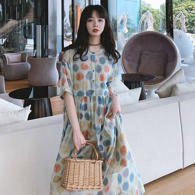 Váy babydoll Đầm Voan Dáng Rộng Lưng Cao Họa Tiết Chấm Bi Thời Trang Mùa Hè Hàng Mới 2021 Dành Cho Bạn Nữ