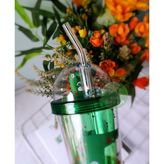 [PHIÊN BẢN ĐẶC BIỆT] Ly giữ nhiệt Khủng long 3D kim tuyến kèm ống thủy tinh 380ml