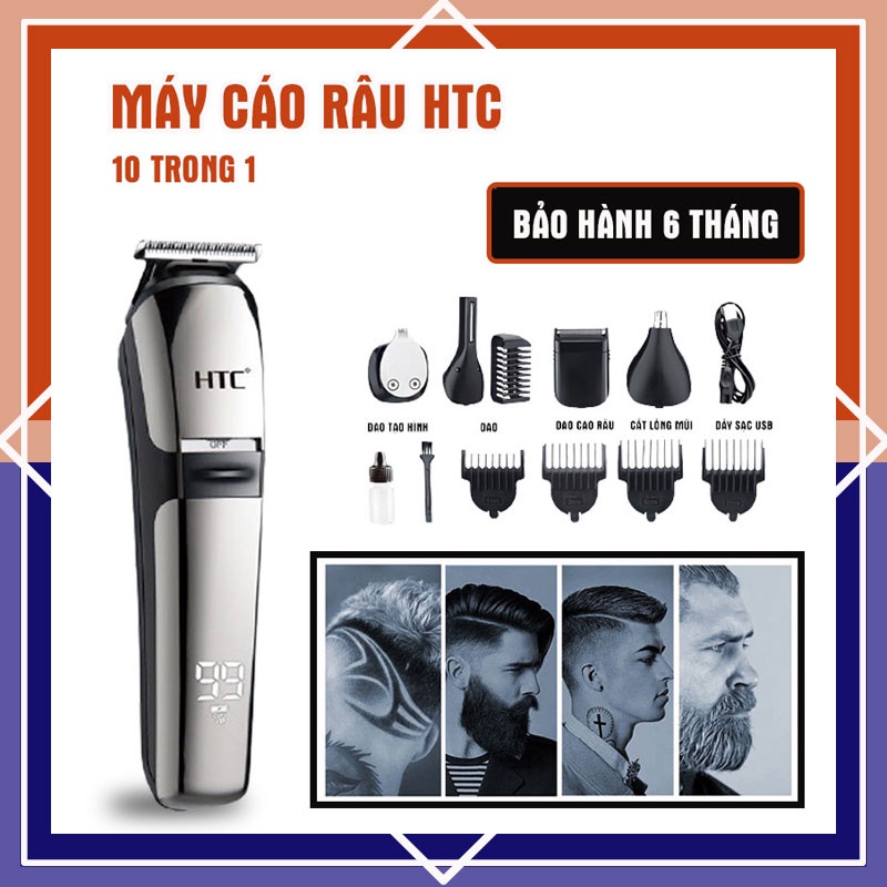 Tông đơ cắt tóc, cạo râu kiêm chấn viền chính hãng HTC, sạc USB cao cấp tiện dụng, tặng kèm 8 phụ kiện