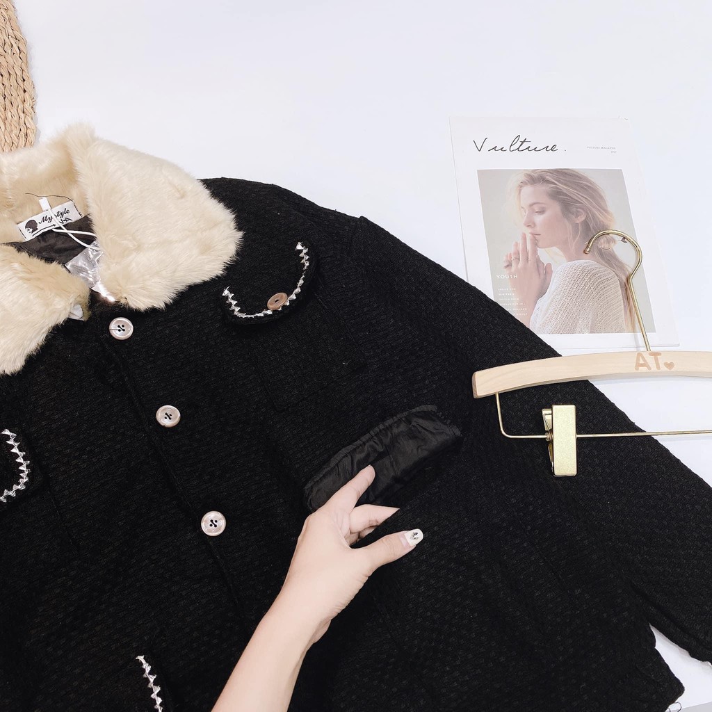 Áo khoác dạ dài cổ lông viền nhũ hai lớp - Áo khoác nữ dạ Quảng Châu dày dặn siêu ấm - CM Shop