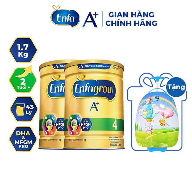 tuan0113 [Mã ENFA100 giảm 7% tối đa 100K đơn 500K] [Tặng Vali Kéo Cho Bé] Combo 2 Lon Sữa Bột Enfagrow A+ 4 1.7kg (2 Tu