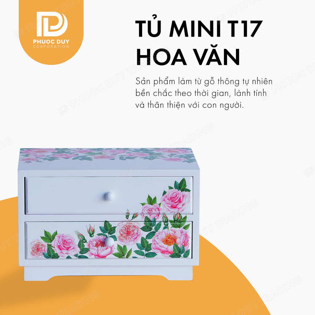 Tủ mini để bàn đa năng - Tủ nữ trang mỹ phẩm gỗ thông tự nhiên T17 - Họa tiết hoa