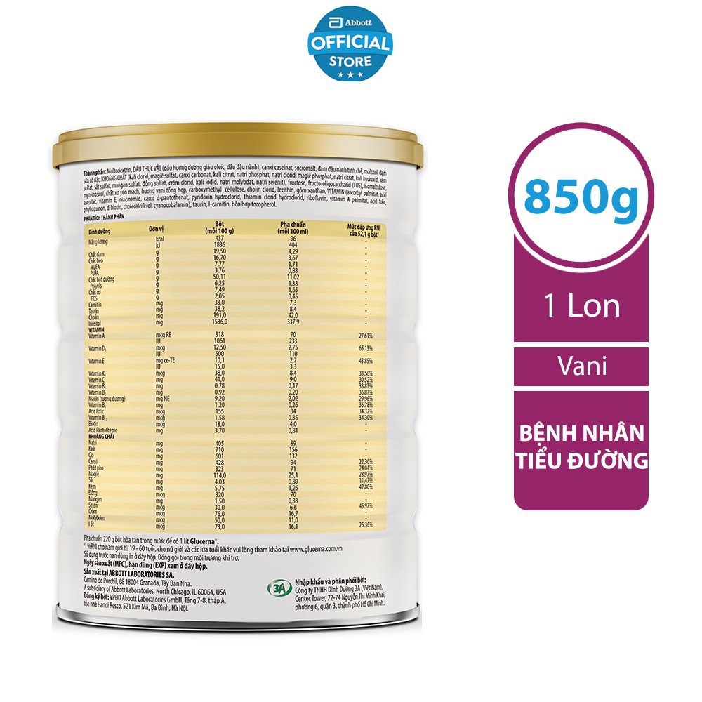 Sữa bột Abbott dành cho người bị tiểu đường Glucerna 850g