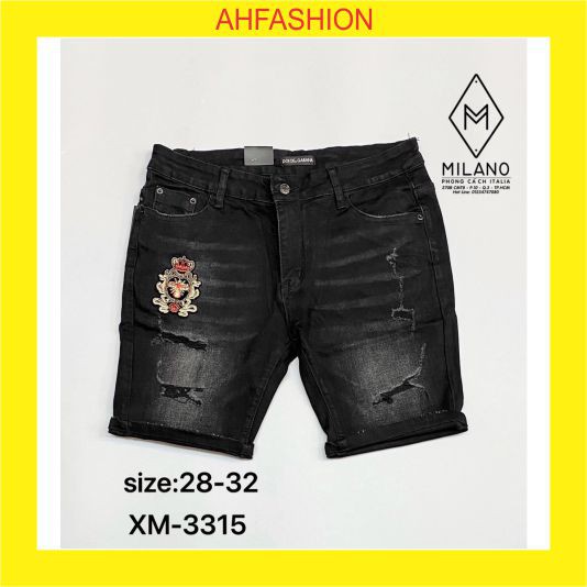 Quần short jean nam đen rách thêu logo chất bò giá rẻ cao cấp AHFASHION MS3315