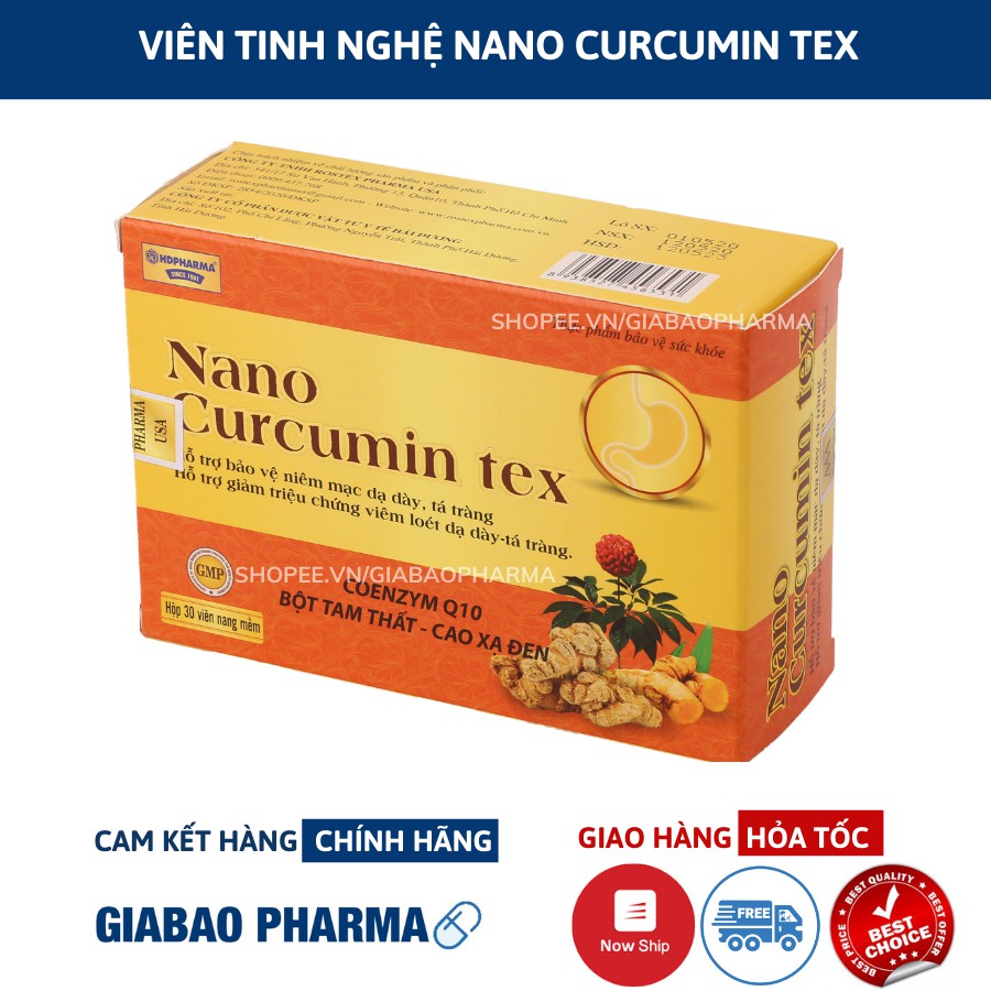 Viên uống tinh bột nghệ Nano Curcumin Tex  giảm viêm loét dạ dày, trào ngược dạ dày (Hộp/30 viên)