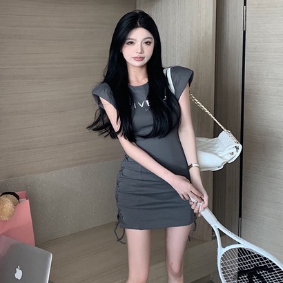Áo Thun Sát Nách Cổ Tròn Cột Dây Eo In Chữ Thời Trang Mùa Hè Phong Cách Hàn Quốc Cho Nữ Mới