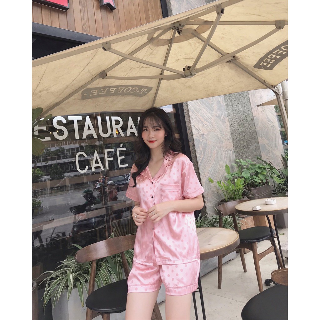 Bộ Đồ Ngủ Lụa Cộc Tay HATIBO chất lụa gấm in chữ chìm mềm mát | BigBuy360 - bigbuy360.vn