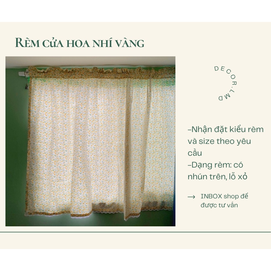 Rèm hoa nhí vàng, viền ren trắng ,phong cách Hàn Quốc chống nắng cao cấp, màn vải treo tường trang trí decor phòng ngủ