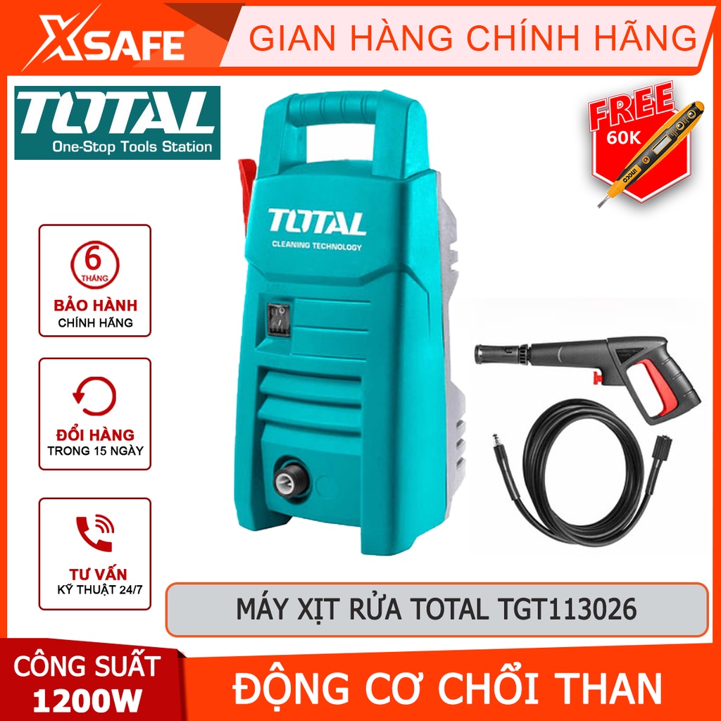 Máy xịt rửa TOTAL TGT113026 Máy rửa xe cao cấp công suất 1200w, điện áp đầu vào 220v, Áp lực tối đa 90Bar (1300 PSI)