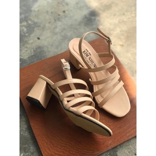 Giày sandal gót vuông 5 phân 4 quai ngang mãnh da mềm