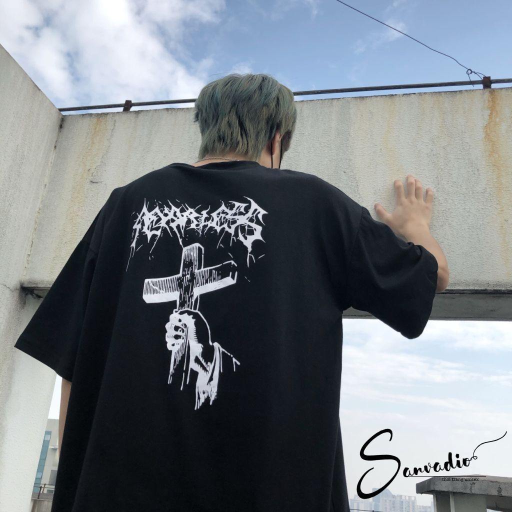 Áo thun SANVADIO unisex tay lỡ phông form rộng oversize 2 màu cam và đen cotton dáng xuông