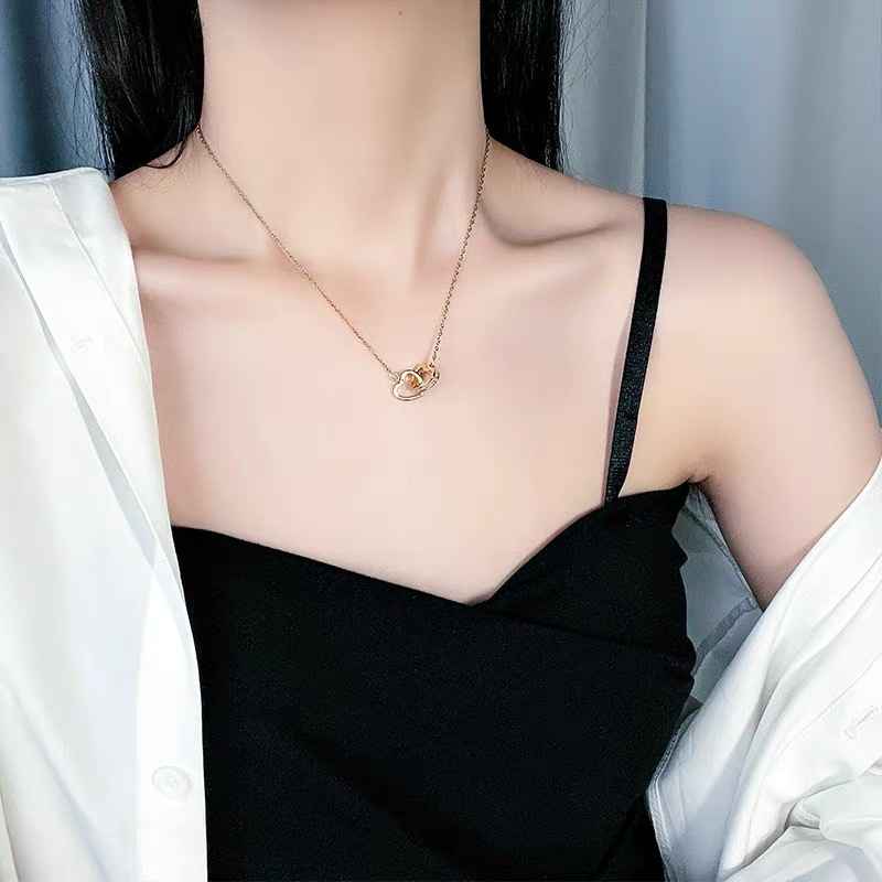 Vòng cổ thép titan mặt hình trái tim phối đính đá đơn giản thời trang Hàn Quốc
