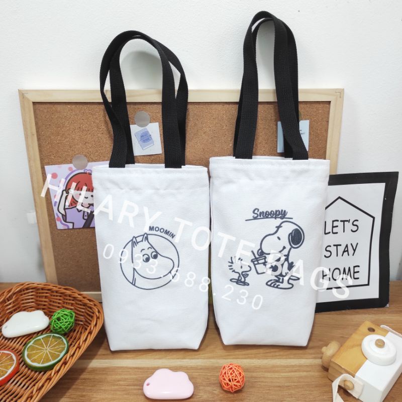 Túi Vải Canvas Đựng Ly Giữ Nhiệt Hình Moon Dễ Thương Dây Đai