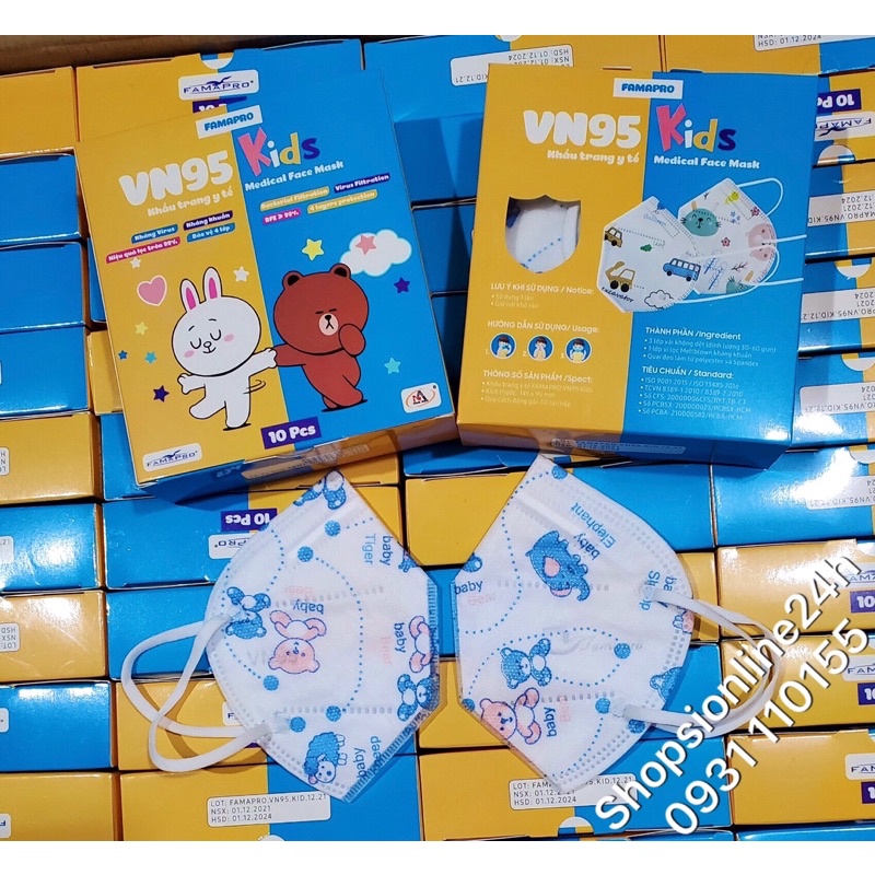 ✅ Hộp 10 cái khẩu trang cho trẻ em N95 , VN95 Famapro Nam Anh Hoạ tiết Gấu Xanh | BigBuy360 - bigbuy360.vn